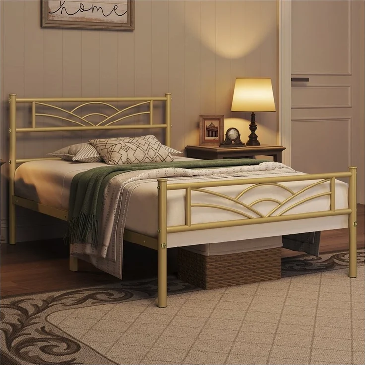 Yaheetech Metallbett mit Lattenrost, Wolkenmuster, Antikgold, 90x190 cm – Bild 4