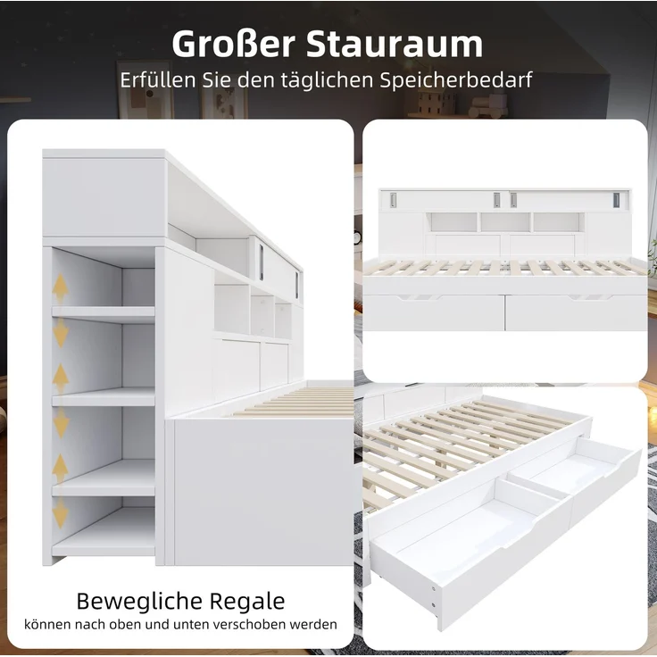 CHICFURN Bett aus MDF Weiß 140x200 cm mit Schubladen und Stauraum – Bild 5