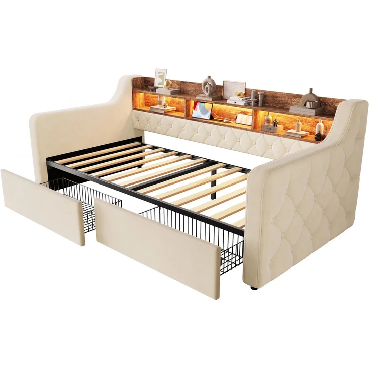 Polsterbett 90x190 cm in Beige mit LED, Ablagefläche und 2 Schubladen – Ohne Matratze – Bild 9