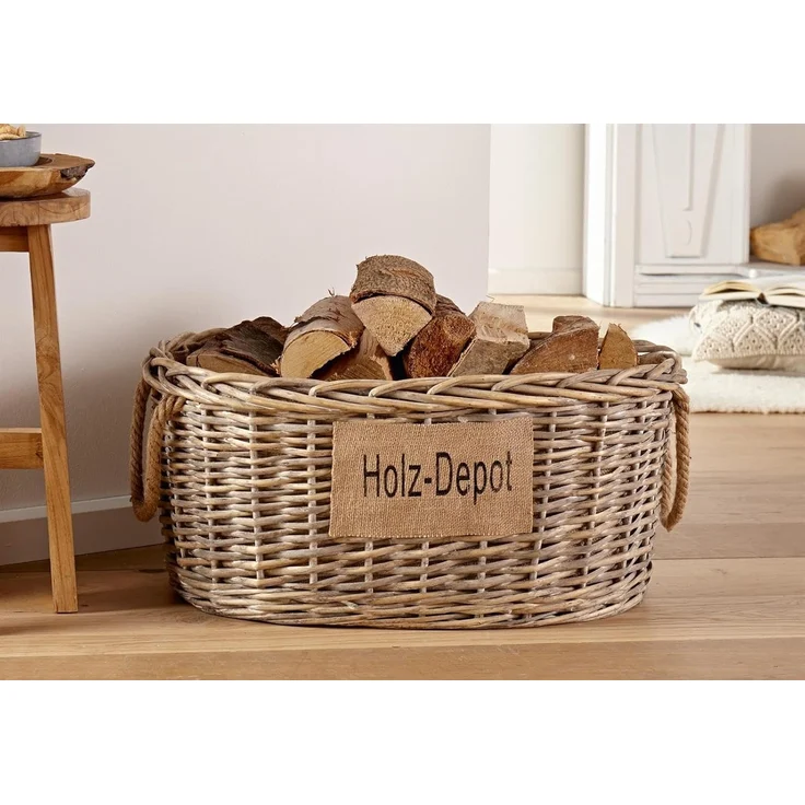 Dekoleidenschaft Kaminholzkorb aus Weide im Shabby Look, Feuerholzkorb, Weidenkorb, Brennholzkorb, großer Aufbewahrungskorb, Flechtkorb, Spielzeugkorb, Ordnungskorb – Bild 1
