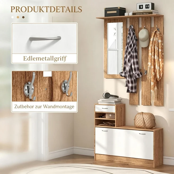 Flur Garderobenmöbel mit Kleiderhakenpaneel, Spiegel und Schuhbank, 6 Kleiderhaken und verstellbares Regalbrett--Walnuss, Weiß--90x10x91cm--YOUDENOVA – Bild 3