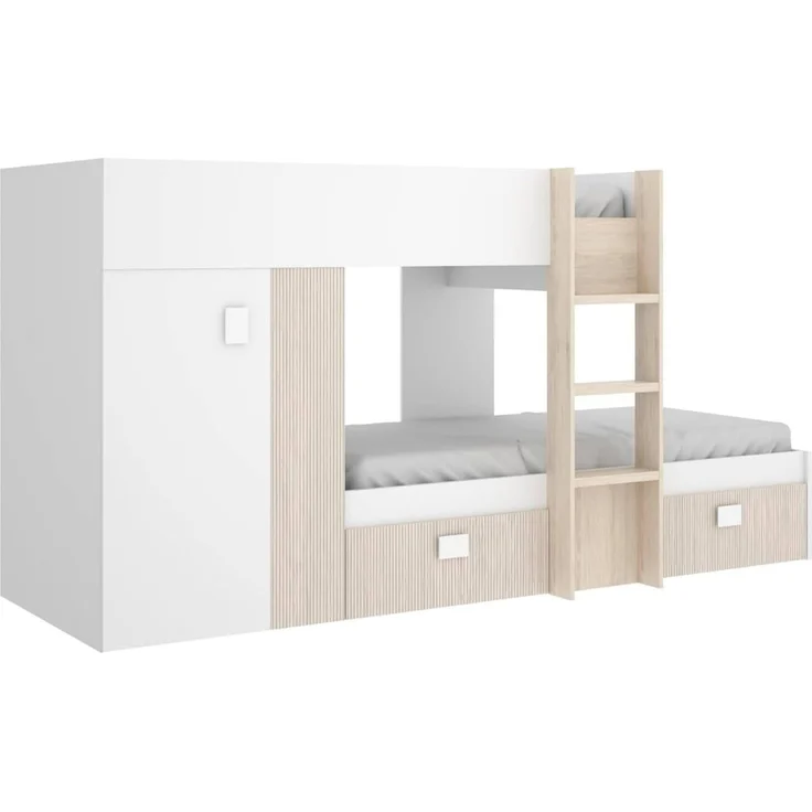 Dmora - Schlafzimmer Cevedale, Komplettes Schlafzimmer, Etagenbettkomposition mit Zwei Einzelbetten, 271 x 111 x 150 cm, Weiß und Eiche – Bild 5