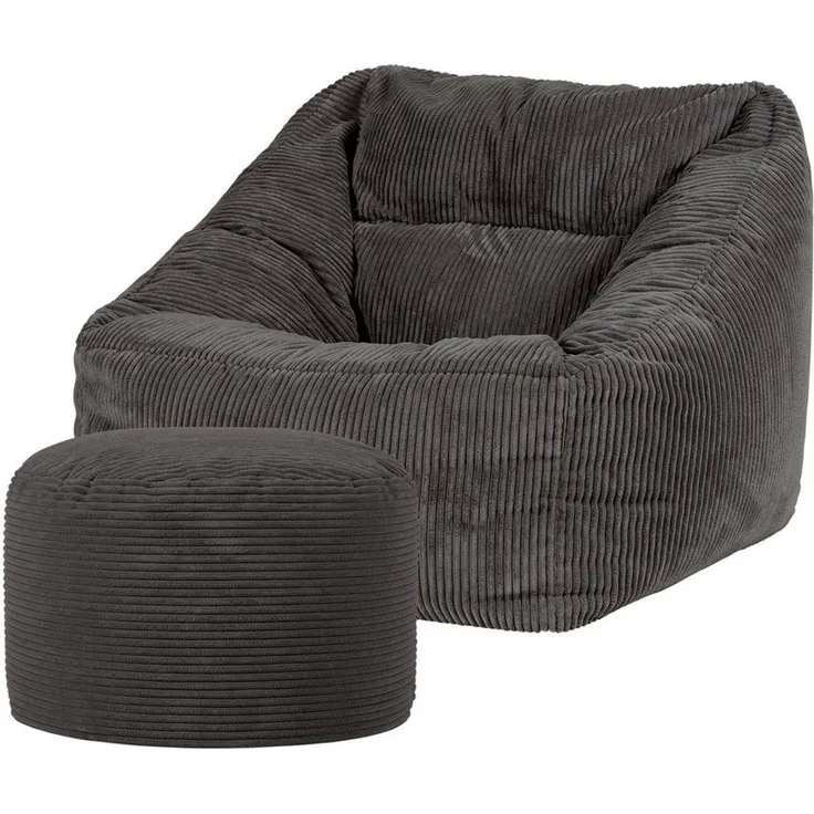 Icon Morgan Sitzsack Sessel mit Runden Hocker, Dunkelgrau, Cord Sessel, Sitzsack Erwachsene mit Füllung, Lounge Sessel, Sessel Wohnzimmer, Sessel Schlafzimmer