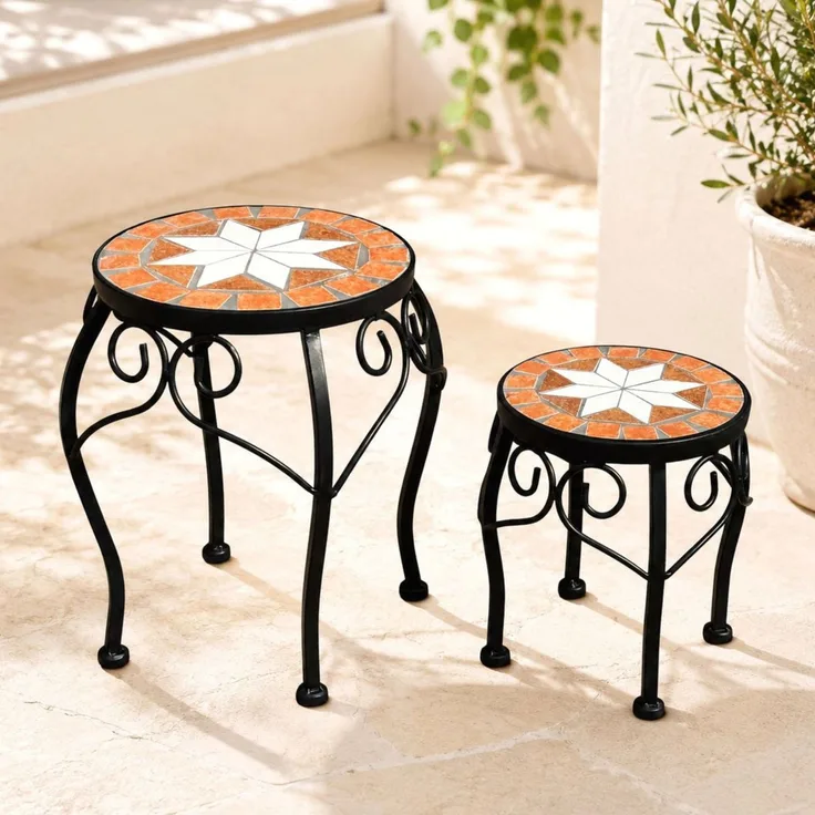 DanDiBo Blumenständer Mosaik Rund 2er Set 12014 Pflanzenständer für Draußen Blumenhocker Outdoor Beistelltisch Pflanzenhocker