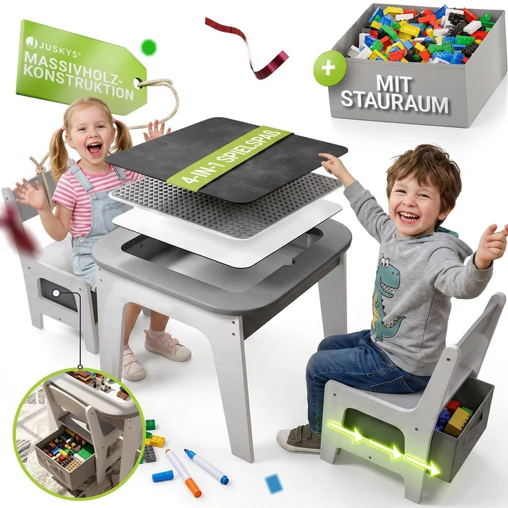 Juskys 'Milou' Kindersitzgruppe - Set mit 2 Stühlen & 1 Tisch, mit Stauraum, Holz, Grau – Bild 1