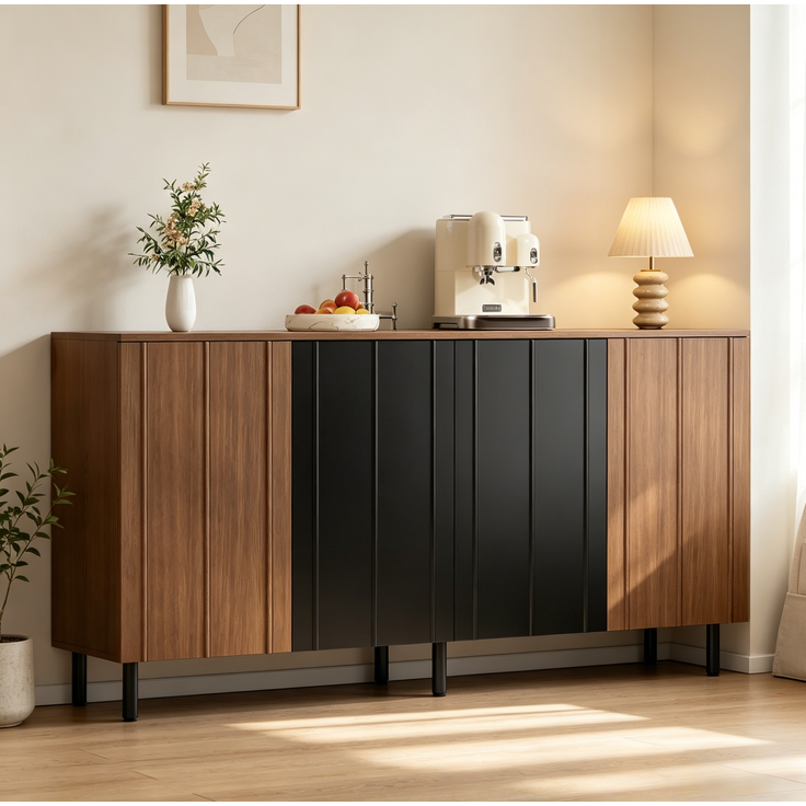 DESVIAE Sideboard mit 4 Türen 160x80x35 cm aus Spanplatte Nussbaumfarben/Schwarz – Bild 4