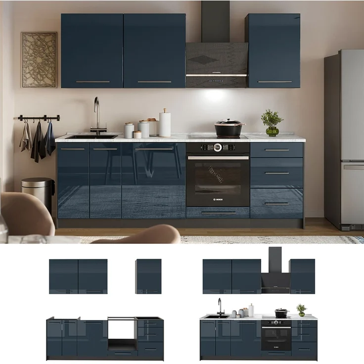 Küchenzeile Fame-Line Dunkelblau Hochglanz/Anthrazit 230 cm, AP Marmor Vicco – Bild 4