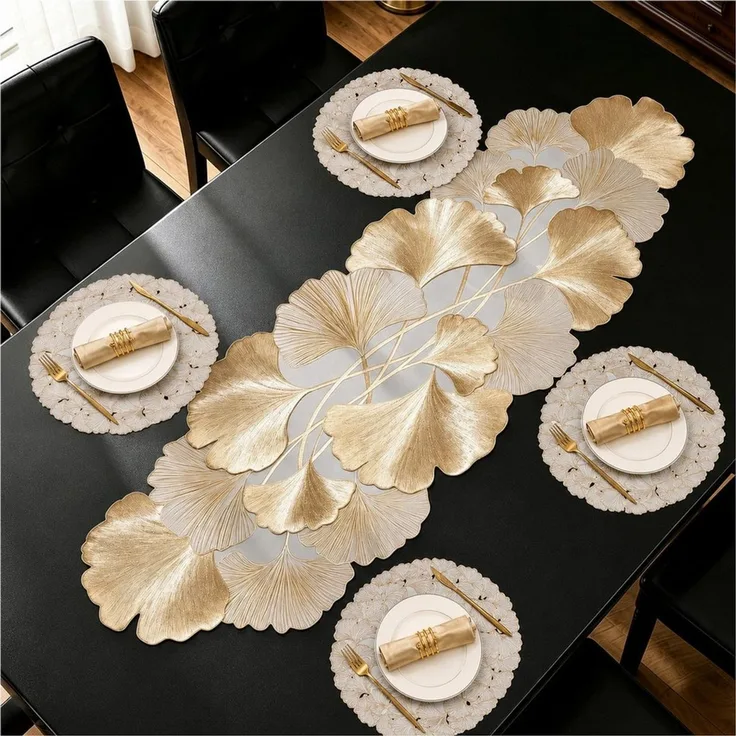 Mutig Tischläufer 5-teilig Goldfarbener Tischläufer 90 cm mit Blattmuster (Waschbare Vinyl Tischdeko 5-tlg, Hitzebeständige Tischauflage), für Hochzeit, Dinner-Party und festliche Tafel
