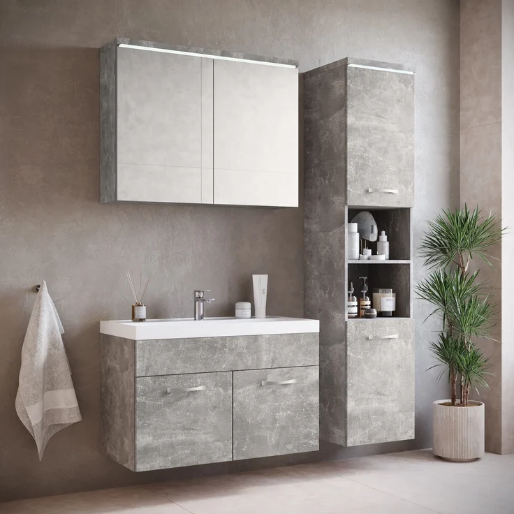 Badplaats Badmöbel Komplettset Paso LED 80 x 40 cm Beton Grau - Badezimmermöbel mit Waschbecken, Spiegelschrank und Badezimmerschrank – Bild 2