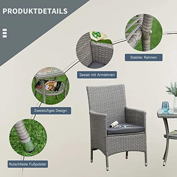 Outsunny Sitzgruppe Sitzgarnitur mit Sitzkissen Grauv 60 x 58,5 x 89,5 cm, (Set, 3-tlg, Gartenmöbel Set), Polyrattan + Stahl – Bild 5