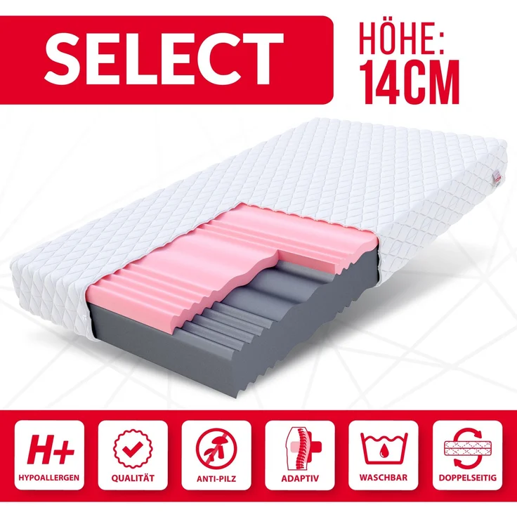 Matratze 90x200 Kaltschaum SELECT Visco Schaum Polyurethanschaum H3/H4 14 cm JERSEY – Bild 2