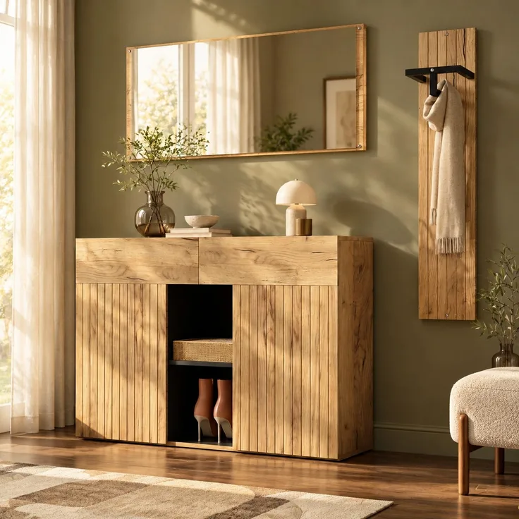 DESVIAE Garderobenschrank-Set 3-tlg. Natural/Schwarz aus MDF/Spanplatte – 125x178x35 cm – Spiegel, Schubladen