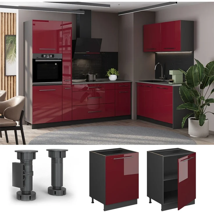 Küchenunterschrank Fame-Line Bordeaux Hochglanz/Anthrazit 60 cm 1 Tür ohne Arbeitsplatte Vicco – Bild 4