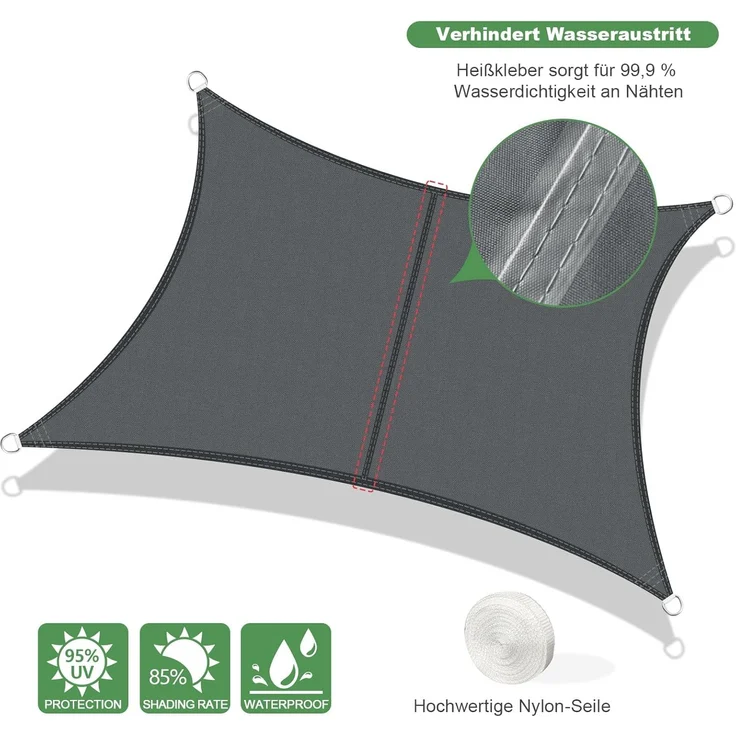 AXT SHADE Sonnensegel Wasserdicht Quadratisch 5x5 m Wetterschutz Sonnenschutz PES Polyester mit UV Schutz für Terrasse Balkon Garten-Grau Anthrazit(Wir Machen Sondergrößen) – Bild 2