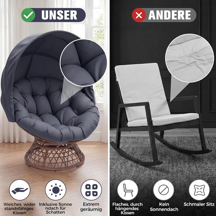 COMHOMA Papasansessel, gemütlicher Drehsessel mit Kissen rund, bequemer Rattansessel, Loungesessel drehbar, runder Relax Korbsessel Rattan für Wohnzimmer, Leseecke, Lounge - grau – Bild 6