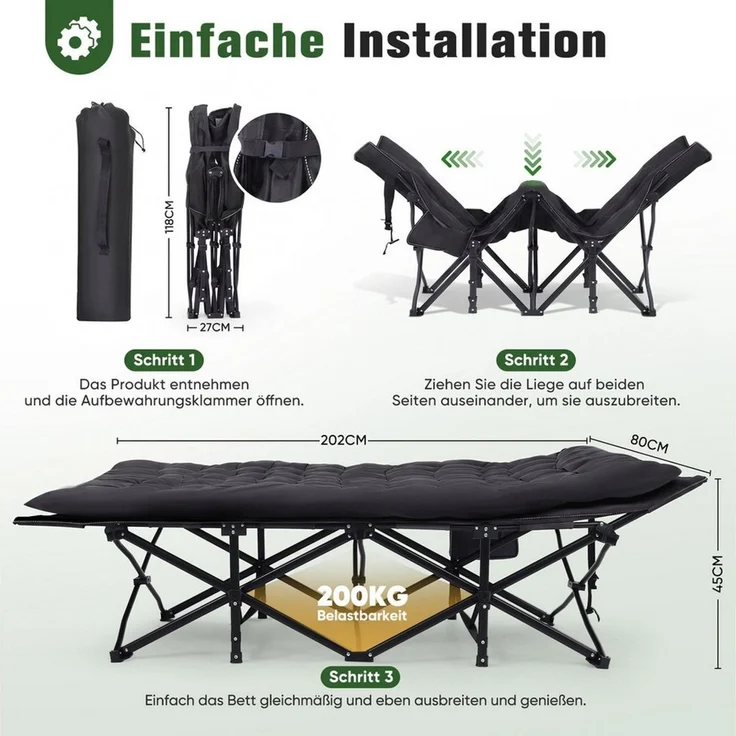 Sekey Klappbett 202 x 80 cm Extra Breit Feldbett XXL Campingbett Klappbar mit Matratze Faltbares Klappbett mit Seitentasche, 600D Oxford-Gewebe, bis 200 kg – Bild 4