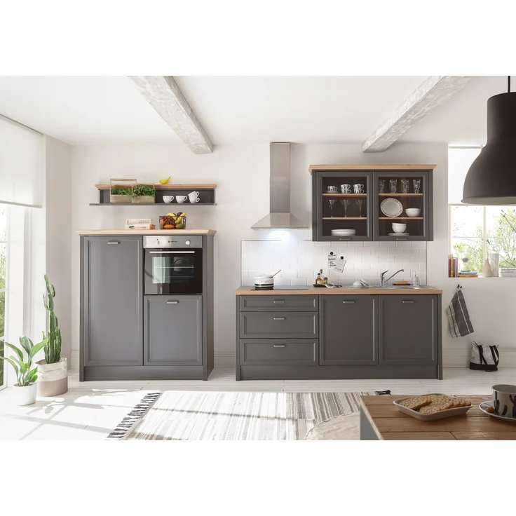 JASMIN Moderne Küchenzeile ohne Elektrogeräte in Graphit, Artisan Eiche Optik - Geräumige Einbauküche im Landhausstil - 344 x 228 x 60 cm (B/H/T) – Bild 1