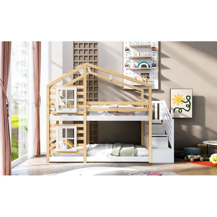 Kinder-Etagenbett Massivholz, Baumhaus-Design mit Schubladentreppe, 90x200 cm, Natur & Weiß, ohne Matratze