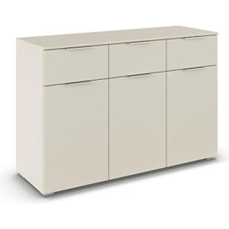 Rauch Möbel Alabama, Kommode für Schlafzimmer, Kinderzimmer, Garderobe, Flur, 3-türig, mit 3 Schubladen, Soft-Close-Fuktion, Farbe Beige, Griff Alufarben, Maße 120 x 81 x 42 cm