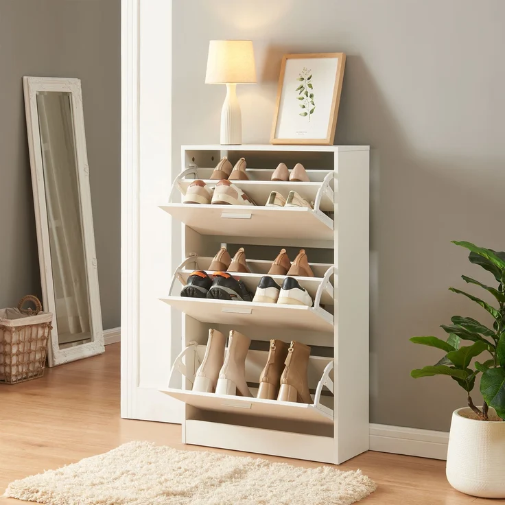 Schuhschrank Sykkylven 103x60x24 cm mit 3 Klappen Weiß [en. casa] – Bild 1