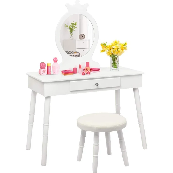 COSTWAY Kinder Schminktisch mit Hocker und abnehmbarem Spiegel, Holz weiß, 34 x 70 x 100 cm