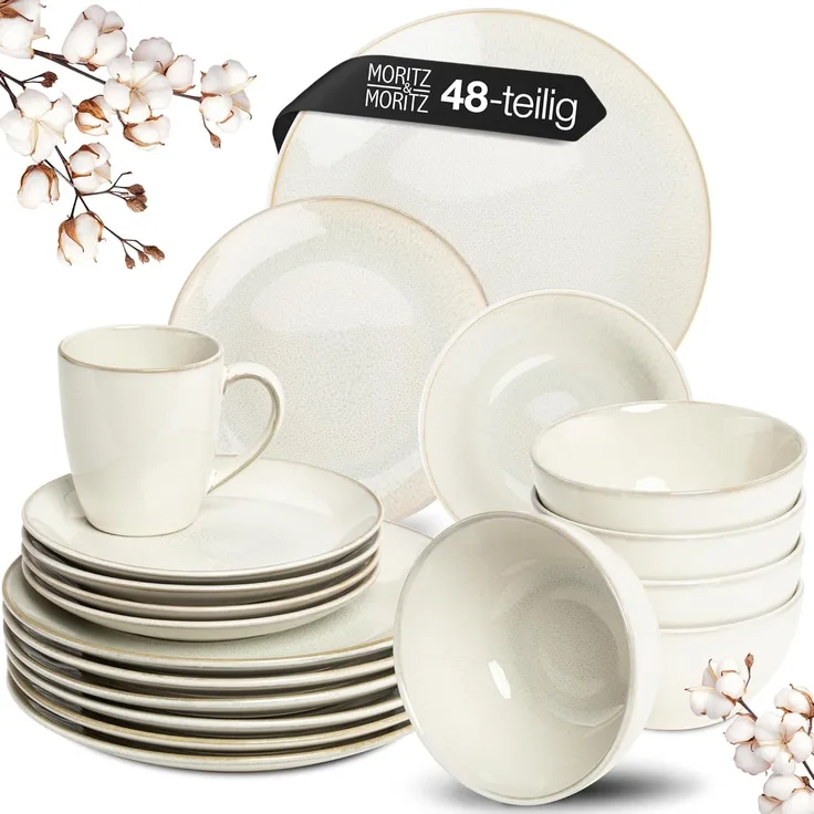 Moritz & Moritz Tafelservice SENSE beige Geschirrset (48-tlg), 12 Personen, Steingut, Kombigeschirr für 12 Personen