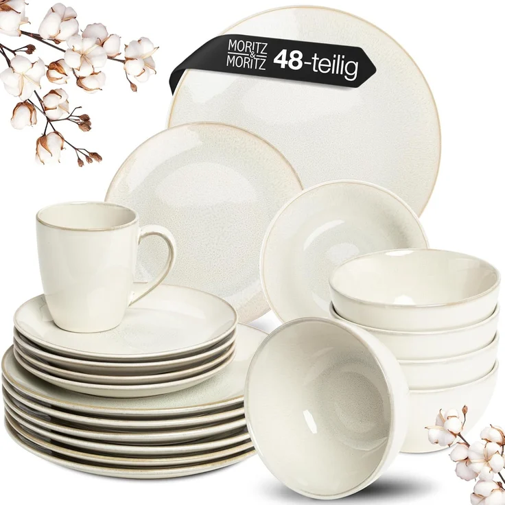 Moritz & Moritz Tafelservice SENSE beige Geschirrset (48-tlg), 12 Personen, Steingut, Kombigeschirr für 12 Personen