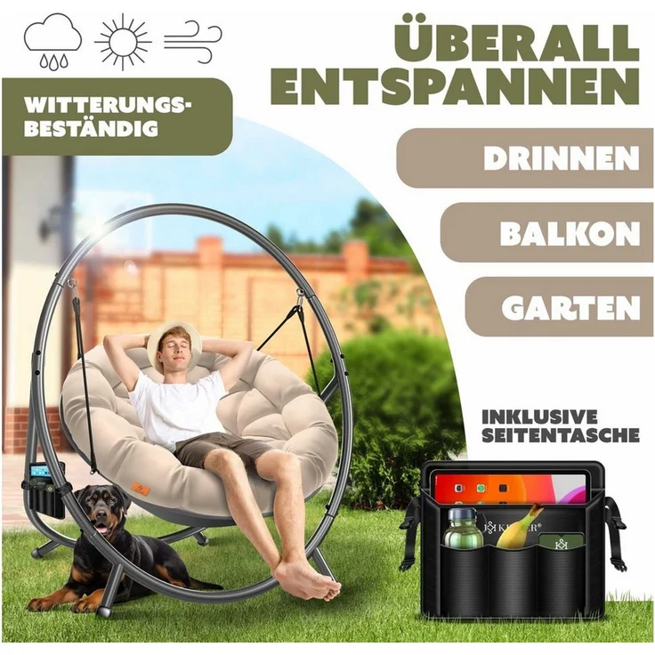KESSER® Hängesessel mit Gestell BALI Hängeschaukel Hängestuhl bis 150kg für Indoor und Outdoor + Kissen & Seitentasche Hängekorb Stahlgestell & Schaumstoff Sitzpolster ideal für Wohnzimmer & Garten Beige – Bild 3