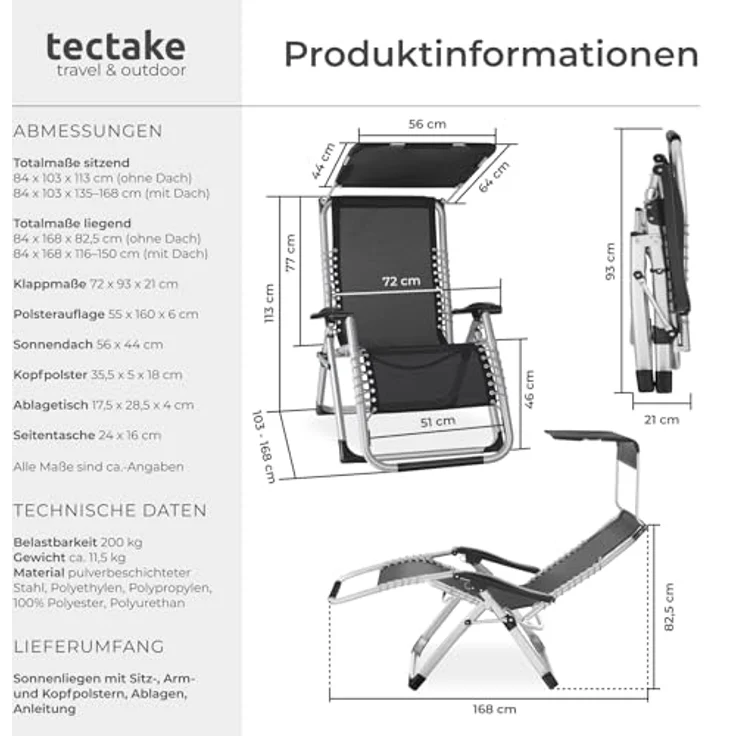 tectake® Sonnenliege klappbar, Liegestuhl, Gartenliege mit Sonnendach, Outdoor Sessel für Balkon oder Garten, Liege mit extra Dicker Auflage, Relaxliege belastbar bis 200kg - hellgrau – Bild 4