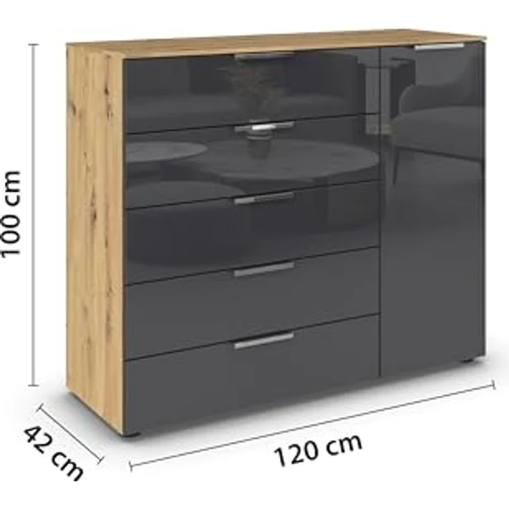 Rauch Möbel Flipp, Kommode für Schlafzimmer, Kinderzimmer, Wohnzimmer, Flur, Garderobe, 1-türig, 5 Schubladen, mit Softclose-Funktion, Farbe Eiche Artisan, Holz/Glas Basalt, Schwarz, Breite 120 cm – Bild 4