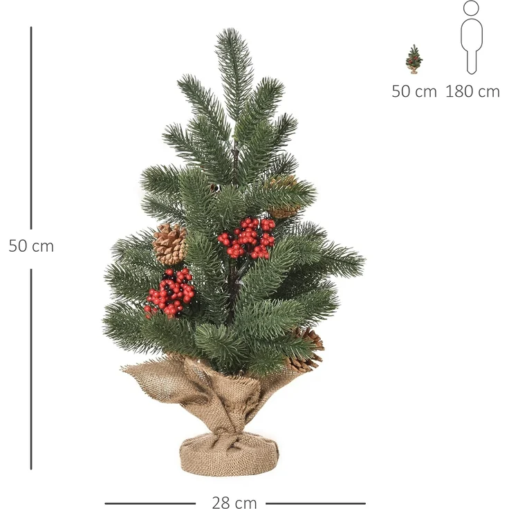 HOMCOM Künstlicher Weihnachtsbaum Mini Weihnachtsbaum mit Tannenzapfen, roten Beeren, 50 cm hoch, Fischte, für Tisch und Schreibtisch – Bild 7