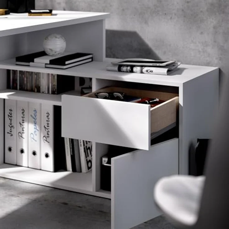 Dmora - Gardena-Schreibtisch, Schreibtisch mit Mehreren Positionen für das Büro oder Schlafzimmer, Mehrzweck-Ecktisch, 139 x 92 x 75 cm, Weiß – Bild 6