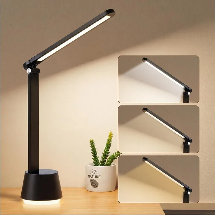 LQWELL LED Schreibtischlampe Nachttischlampe Touch LED Schreibtischlampe mit UntenNachtlicht, LED fest integriert, 3 Farben & Helligkeit Dimmbare, Lampenkopf faltbar, Timerfunktion, 1.5m Netzkabel, für Zuhause, das Büro oder unterwegs.
