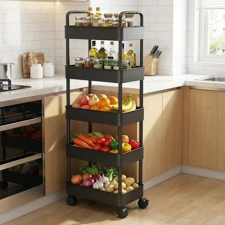 GarveeHome Rollwagen Küchewagen mit 5 Ebenen, Regal auf Rollen mit Griff, Servierwagen, Bastelwagen, Nischenregal für Küche, Badezimmer, Schlafzimmer, Büro, 41 x 28 x 128 cm, Schwarz