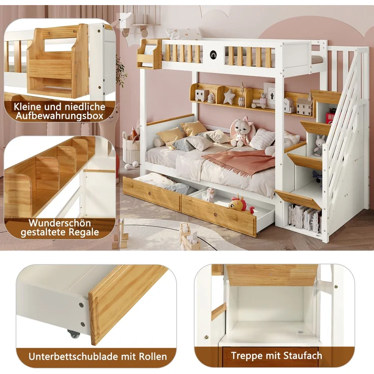 Merax Etagenbett 90x200cm mit Treppe, Reichlich Stauraum, Kinderbett mit 4 Schließfächer in der Treppe, mit Fallschutzgitter und 2 Schubladen, Offenes Regal, Weiß+Natur – Bild 6