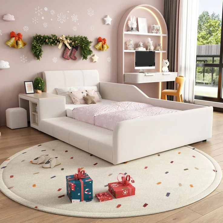 Polsterbett, Einzelbett mit Kinderschreibtisch und Hocker, Mit Ablageboden, Weiches Kopfteil, Kinderbett mit Holzlatten, Samt, Weiß, 90x200 cm – Bild 2