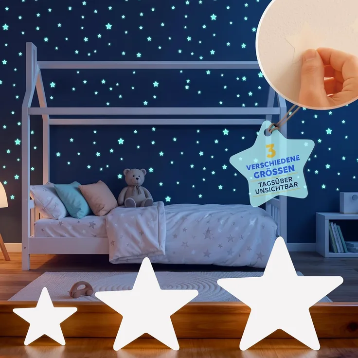 lilimaus Wandsticker Leuchtsterne für Kinderzimmer - Selbstklebende Wandtattoos (100 St), Verwandeln Sie das Kinderzimmer in einen leuchtenden Sternenhimmel.
