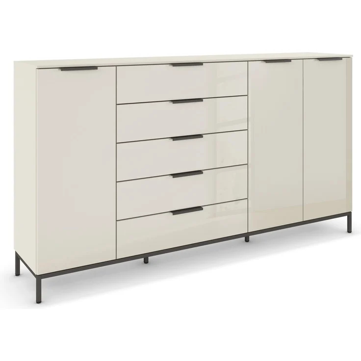 Rauch Möbel Flipp, Nachttisch für Schlafzimmer, Flur, Garderobe, 3-türig, 5 Schubladen, mit Softclose-Funktion, Griffe und Metallkufe Graphit, Farbe Glas Beige, Breite 199 cm – Bild 1