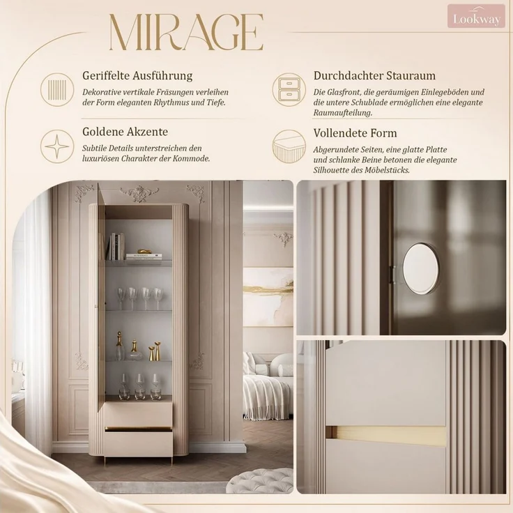 Lookway Glasvitrine MIRAGE GOLD mit LED-Beleuchtung und geriffelten Seiten – Bild 4