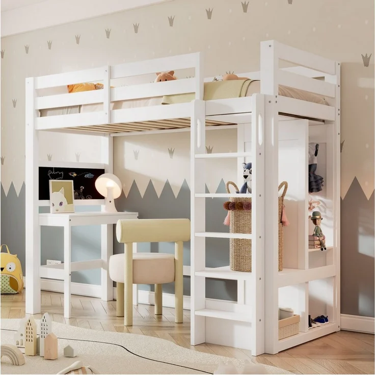 Odikalo Hochbett 90x200 Kinderbett mit Schreibtisch und Stauraum (mit Schreibtisch Offener Kleiderschrank und Regalen Kinderbett mit Lattenrost und Rausfallschutz Einzelbett Liegefläche 90x200cm, Weiß(ohne Matratze) – Bild 5