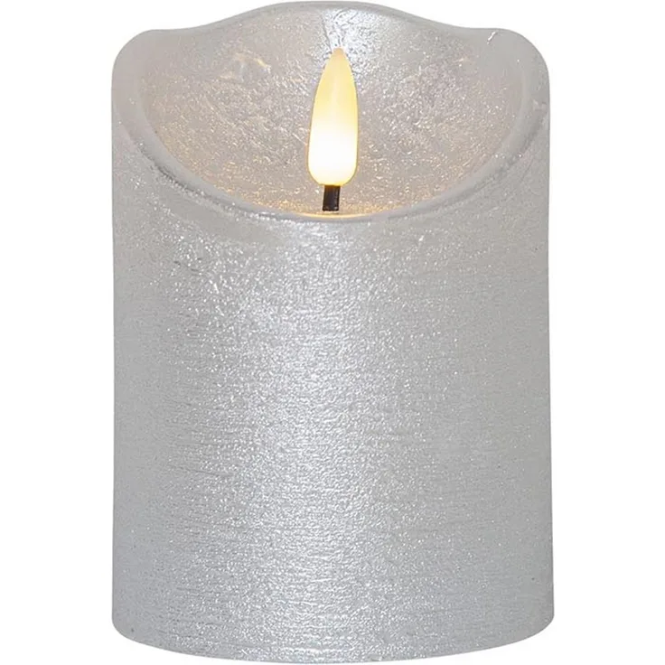 LED Echtwachskerze ,Flamme Rustic' , Batterien , Timer , warmweiß flackernd , silber , H 10cm , Ø 7 ,5cm
