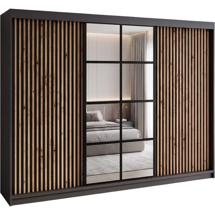 A&J MöbelLand GmbH Schiebetürenschrank NORIVO 200 cm mit 3D-Lamellen und Spiegelfront (TOP ANGEBOT! Geräumiger Schrank mit einer Breite von 200 cm ideal zur Aufbewahrung von Kleidung und Accessoires. Wählen Sie das ideale Modell für Ihr Schlafzimmer!, ... – Bild 1