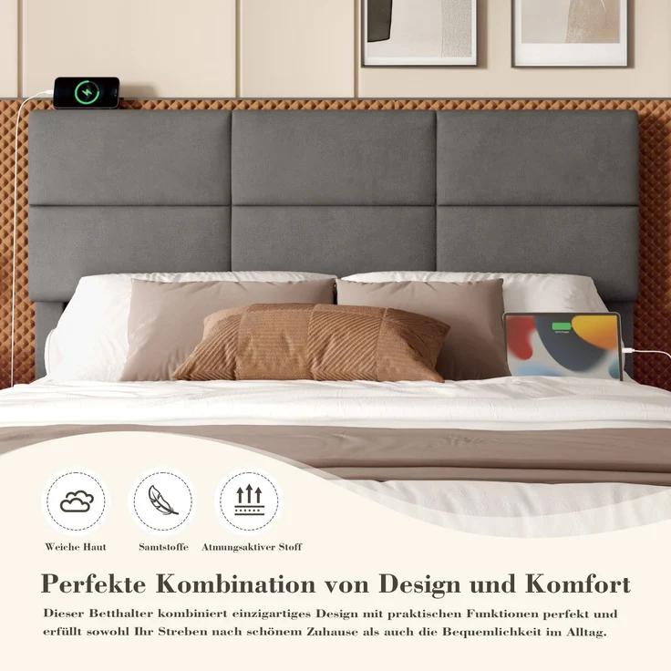 LVHOM Polsterbett 180x200cm mit LED und USB, Einzelbett mit Hydrauliksystem, Stauraumbett Samtstoff, Bettgestell Massiv, Boxspringbett, Grau – Bild 4