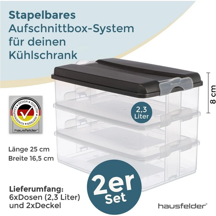 Hausfelder Frischhaltedose Aufschnittdosen Set mit Deckel, 6 x flach, 2 x hoch, Anthrazit, Kunststoff, (Set, 8-tlg, 6x flach, 2x hoch), Kühlschrank Organizer, BPA-frei, stapelbar – Bild 2