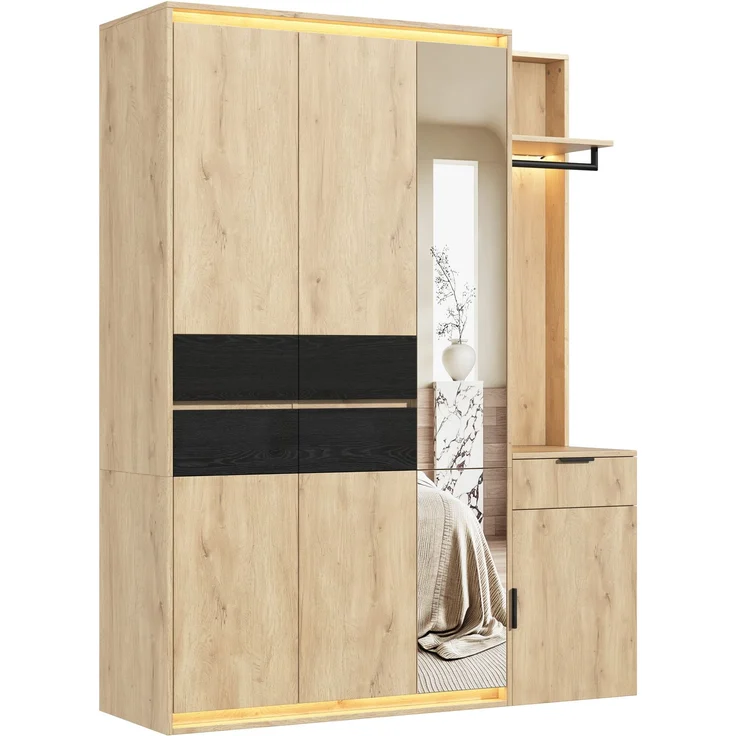 Kleiderschrank, Garderoben-Set Garderobe, mit LED-Beleuchtung und Spiegel, 155 x 47 x 200 cm, Eingangsgarderobe, mit 3 Kleiderstangen, 5 Schubladen and 3 LED-Beleuchtung, Anthrazit-eiche--Holz--155x47x200cm--YOUDENOVA – Bild 8