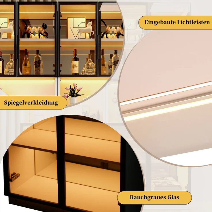 Vitrine 70x30x170 cm in Weiß mit grauen ESG-Glastüren, LED und Spiegelrückwand – Bild 8