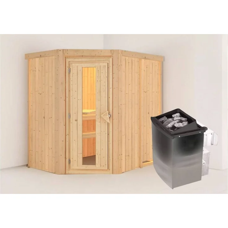 Karibu Sauna Carin + 9kW Saunaofen mit integrierter Steuerung Klarglas Ganzglastür – Bild 1