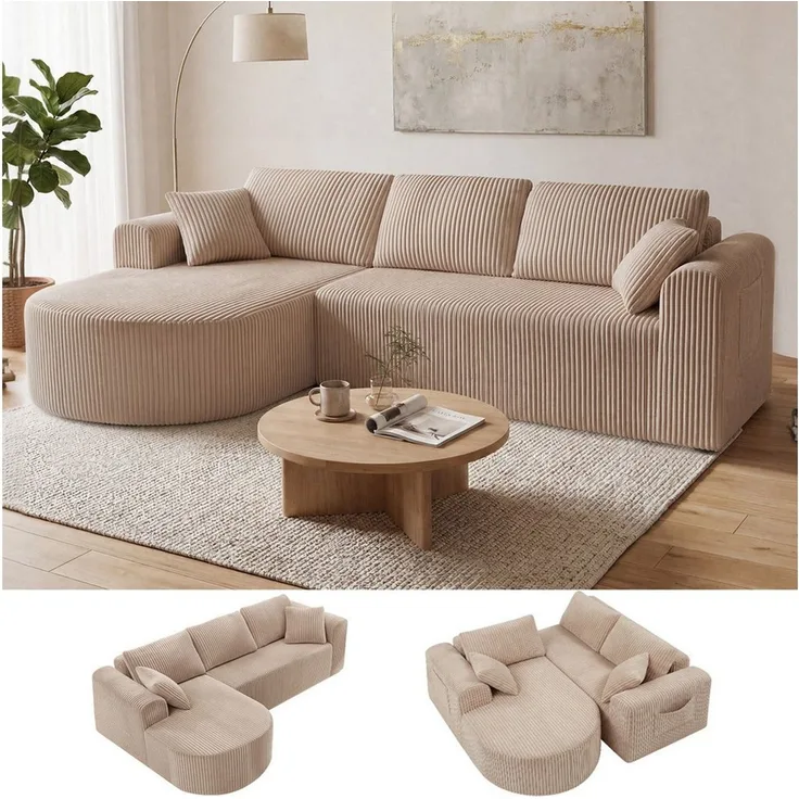 COMHOMA Sofa Ecksofa mit Schlaffunktion, Corduroy Modulares Boneless Couch, mit Chaiselongue, L-Form Schlafsofa, Sektionssofas mit Kissen & Seitentaschen