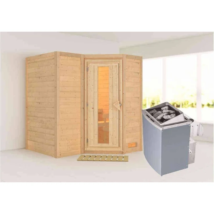 Karibu Sauna Sahib 1 + 9kW Saunaofen mit integr. Steuerung Graphit-Ganzglastür – Bild 4