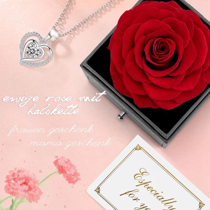 Ewige Rose Geschenkbox mit Halskette und Ohrringe - Valentinstag Weihnachten Rot – Bild 2